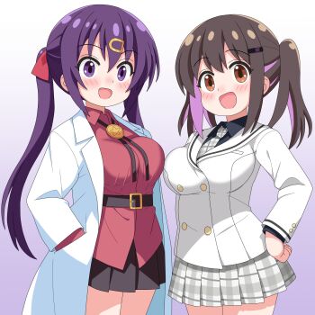 2girls :d belt black_hair black_shirt black_skirt blush bolo_tie breasts brown_eyes buttons commentary_request cosplay costume_switch cowboy_shot crossover double-breasted gochuumon_wa_usagi_desu_ka? gradient_background grey_skirt hair_between_eyes hair_ornament hairclip hand_in_pocket hand_on_own_hip highres jacket lab_coat long_hair long_sleeves medium_breasts miniskirt multicolored_hair multiple_girls necktie onii-chan_wa_oshimai! open_mouth oyama_mihari oyama_mihari_(cosplay) plaid_clothes plaid_necktie plaid_skirt pleated_skirt purple_background purple_eyes purple_hair red_shirt sakuzo shirt simple_background skirt smile star_(symbol) tedeza_rize tedeza_rize_(cosplay) twintails two-tone_hair untucked_shirt white_jacket wing_collar 