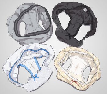  akaino_(akaomi) black_panties blue_archive bow bow_panties commentary_request commission grey_panties highres no_humans panties polka_dot polka_dot_panties pussy_juice_stain skeb_commission underwear unworn_panties white_panties yellow_panties 