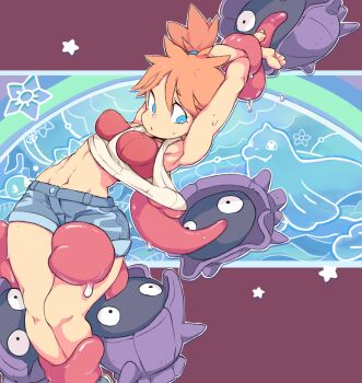  1girl armpits arms_up artist_name bestiality between_legs black_eyes blue_eyes blue_shorts blush bra breasts breasts_apart eye_contact female_focus gen_1_pokemon groin gym_leader hair_tie legs_together light_blush linea_alba long_tongue looking_at_another looking_down medium_breasts midriff misty_(pokemon) navel nintendo open_mouth orange_hair outline pokemon pokemon_(creature) pokemon_lgpe pokephilia red_bra restrained saliva seel shellder shirt shoes short_hair short_shorts shorts side_ponytail signature solo_focus squirtle standing star_(symbol) starmilk staryu stomach sweat tank_top toned tongue tongue_out underwear white_outline white_shirt 