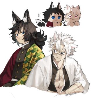  2boys animal_ears belt black_hair black_jacket black_pants blue_eyes buttons chibi closed_mouth cropped_torso demon_slayer_uniform empty_eyes gold_buttons haori high_collar highres jacket japanese_clothes kikkoumon kimetsu_no_yaiba long_hair low_ponytail male_focus multiple_boys open_clothes open_jacket pants ponytail print_haori red_haori scar scar_on_face shinazugawa_sanemi simple_background spiked_hair tail tomioka_giyuu upper_body white_background white_belt white_hair zzzzz11zzzz 