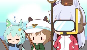  3girls :3 animal_ears blue_hair blush brown_hair brown_hat cheval_grand_(umamusume) chibi chibi_only closed_eyes closed_mouth commentary_request day diving_mask drawstring ears_through_headwear fishing fishing_rod goggles gold_ship_(umamusume) gomashio_(goma_feet) green_hoodie grey_hair hat holding holding_fishing_rod hood hood_down hoodie horse_ears horse_girl jacket long_hair long_sleeves multiple_girls outdoors seiun_sky_(umamusume) short_hair tracen_training_uniform track_jacket umamusume white_hat 