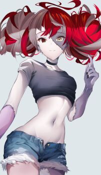  1girl absurdres ahoge alternate_costume arm_at_side black_choker black_nails black_shirt blue_shorts blunt_ends breasts choker closed_mouth colored_skin commentary cowboy_shot crop_top cropped_shirt demise_(official_makuu) denim denim_shorts diamond-shaped_pupils diamond_(shape) double_bun earrings english_commentary fang frayed_shorts grey_background grey_hair grey_skin groin hair_bun hand_up heterochromia highres hololive hololive_indonesia index_finger_raised jewelry kureiji_ollie light_smile linea_alba long_hair looking_at_viewer mismatched_pupils multicolored_hair multicolored_skin nail_polish narrow_waist navel patchwork_skin red_eyes red_hair shirt short_shorts shorts simple_background single_earring skin_fang small_breasts solo stitched_arm stitched_face stitched_leg stitches stomach symbol-shaped_pupils virtual_youtuber white_skin wide_hips x-shaped_pupils yellow_eyes zombie 