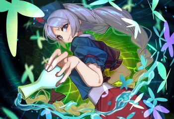  1girl absurdres blue_eyes blue_hat blue_shirt blue_skirt braid bug butterfly closed_mouth commentary constellation_print cross cross_print dutch_angle flask hat highres holding holding_flask insect long_hair looking_at_viewer nurse_cap print_hat puffy_short_sleeves puffy_sleeves red_cross red_shirt red_skirt shirt short_sleeves single_braid skirt smile solo touhou touhou_lost_branch_of_legend tuck_(tuck23978434) two-tone_shirt very_long_hair yagokoro_eirin 