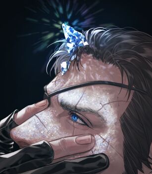 1boy anderain black_background black_gloves blue_eyes blue_gem brown_hair close-up commentary_request eyelashes eyepatch fingerless_gloves gem gloves glowing_gem hand_on_own_face male_focus material_growth mature_male metal_gear_(series) metal_gear_solid_v:_the_phantom_pain scar scar_across_eye scar_on_face short_hair solo venom_snake 