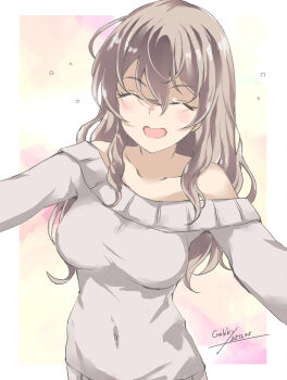  1girl alternate_costume bare_shoulders blush breasts clover_background gakky grey_hair highres kantai_collection large_breasts long_hair long_sleeves open_mouth pola_(kancolle) ribbed_sweater solo sweater wavy_hair 