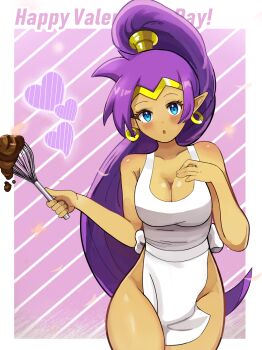  1girl :o apron blue_eyes blush border breasts chocolate circlet cleavage collarbone commentary_request cowboy_shot dark-skinned_female dark_skin earrings gold_earrings happy_valentine heart high_ponytail highres holding holding_whisk hoop_earrings jewelry large_breasts long_hair looking_at_viewer naked_apron pointy_ears ponytail purple_hair shantae shantae_(series) solo thedarkestuno valentine very_long_hair whisk white_border 