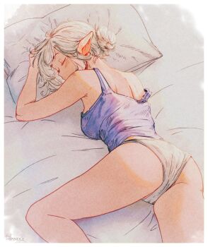  1girl asimov_(spindle_(aidenr0)) highres lying no_pants on_bed on_stomach original panties pillow pointy_ears sleeping solo spindle_(aidenr0) tank_top underwear white_panties  rating:Sensitive score:72 user:Hullyen