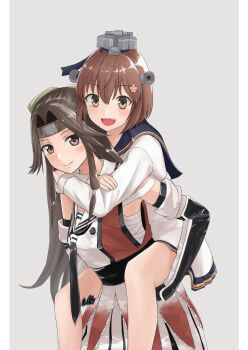  2girls blue_sailor_collar brown_eyes brown_hair buttons carrying cowboy_shot double-breasted dress feet_out_of_frame forehead_protector green_headband grey_background hachimaki hair_intakes hashtag-only_commentary headband headgear highres jintsuu_(kancolle) jintsuu_kai_ni_(kancolle) kantai_collection multiple_girls piggyback red_shirt sailor_collar sailor_dress sarashi school_uniform serafuku shirt short_hair simple_background skirt sleeveless sleeveless_shirt smile white_dress white_skirt yuki_4040 yukikaze_(kancolle) yukikaze_kai_ni_(kancolle) 