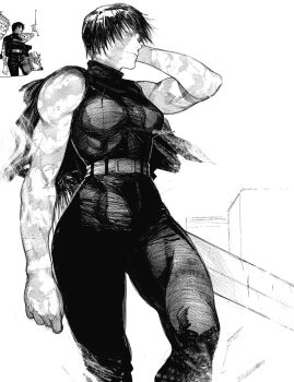  1girl arm_behind_head belt black_hair black_pants black_shirt breasts burn_scar comic_panel_redraw deontayart derivative_work grey_eyes greyscale hashtag-only_commentary highres jujutsu_kaisen medium_breasts monochrome muscular muscular_female pants scar scar_on_arm scar_on_face shirt short_hair sleeveless sleeveless_turtleneck solo solo_focus thick_thighs thighs toned toned_female turtleneck white_background zen'in_maki 