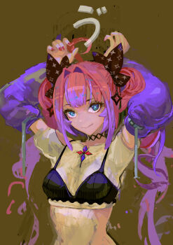  1girl arms_up black_bra blue_eyes bra bra_over_clothes breasts commentary cropped_shirt hair_intakes highres hololive kikirara_vivi kikirara_vivi_(1st_costume) looking_at_viewer medium_breasts multicolored_hair nail_polish pink_hair purple_arm_warmers purple_hair shirt simple_background solo two-tone_hair underwear uturo virtual_youtuber white_shirt 