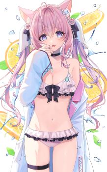  1girl animal_ear_fluff animal_ears antenna_hair bikini black_choker blush breasts choker cleavage collarbone commentary_request fingernails hair_between_eyes hakui_koyori highres hololive jacket jacket_partially_removed long_hair looking_at_viewer lvetica nail_polish navel open_mouth pink_bikini pink_eyes pink_nails simple_background sleeves_past_wrists smile solo stomach swimsuit thigh_strap very_long_hair virtual_youtuber white_background white_jacket wolf_ears wolf_girl 