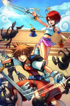  1boy 1girl artist_name battle belt black_choker blue_eyes blue_sky brown_hair choker colosseum crown_necklace day fighting fingerless_gloves foot_up_heel_up full_body gloves heartless_(kingdom_hearts) highres holding holding_weapon hollypolllyy hood hood_down in-universe_location jewelry jumpsuit kairi_(kingdom_hearts) keyblade kingdom_hearts kingdom_hearts_i kingdom_key looking_at_another midriff navel necklace nomura_tetsuya_(style) oathkeeper outdoors pointy_hair purple_belt purple_skirt red_hair red_jumpsuit shadow_(kingdom_hearts) short_hair skirt skort sky sleeveless smile sora_(kingdom_hearts) spiked_hair tank_top weapon white_tank_top wristband 