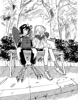  1boy 1girl aki_(korisumochi) animal_feet backpack bag bench bird_legs bird_wings blush claws commentary_request feathered_wings full_body gakuran greyscale harpy_boy korisumochi looking_at_another monochrome monster_boy original outdoors park_bench scarf school_uniform serafuku short_hair sitting skirt talons wings yuzu_(korisumochi) 