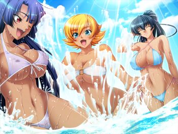  00s 3girls :d ;d ^_^ adjusting_hair bandeau bare_shoulders bikini blonde_hair blue_eyes blue_hair blunt_bangs breasts cleavage closed_eyes cloud covered_erect_nipples curvy dark-skinned_female dark_skin day everyone female_focus front-tie_top game_cg green_eyes halterneck hand_on_head happy hime_cut huge_breasts igawa_asagi igawa_sakura kagami_hirotaka light_rays lilith-soft long_hair lowleg lowleg_bikini micro_bikini multiple_girls navel one_eye_closed open_mouth outdoors outstretched_hand parted_bangs ponytail red_eyes shiny_skin short_hair side-tie_bikini_bottom sideboob sky smile spiked_hair splashing standing sunbeam sunlight swimsuit taimanin_(series) taimanin_asagi tan thigh_gap thong_bikini underboob very_long_hair wading water wet wide_hips wink yatsu_murasaki  rating:Questionable score:201 user:danbooru