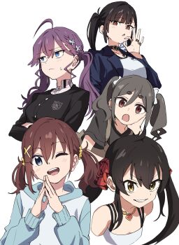  5girls ahoge black_hair black_jacket black_shirt blue_eyes blue_hoodie blue_jacket blush bow breasts brown_eyes brown_hair butterfly_hair_ornament choker collage crossed_arms double-parted_bangs furutachi_kurea gakuen_idolmaster goddess_of_victory:_nikke gokugetsu_academy_school_uniform grin hair_between_eyes hair_bow hair_ornament hair_ribbon hair_scrunchie hairstyle_connection hand_on_own_cheek hand_on_own_face head_rest heart heart_necklace hibi_wa_sugiredo_meshi_umashi highres hood hoodie idolmaster idolmaster_cinderella_girls jacket jewelry kaya_rinha kiriyama_an long_hair long_sleeves looking_at_viewer matoba_risa medium_hair momomatang mono_(afro) multiple_girls multiple_rings necklace ok_sign one_eye_closed open_clothes open_jacket open_mouth purple_hair red_eyes red_ribbon ribbon ring school_uniform scrunchie shirt short_sleeves sidelocks simple_background smile sora_(nikke) spaghetti_strap steepled_fingers sweatdrop teeth thick_eyebrows twintails upper_teeth_only white_background white_bow white_shirt x_hair_ornament yellow_eyes yellow_scrunchie 