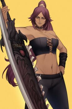  1girl artist_name bare_shoulders big_sword black_pants bleach breasts cleavage collarbone cosplay crop_top culinto1 dark-skinned_female dark_skin devil_may_cry_(series) devil_may_cry_5 hand_on_own_hip highres holding holding_sword holding_weapon long_hair looking_at_viewer medium_breasts navel pants ponytail purple_hair shihouin_yoruichi smile sword trish_(devil_may_cry) trish_(devil_may_cry)_(cosplay) voice_actor_connection weapon wendee_lee yellow_eyes  rating:Sensitive score:19 user:VIZARD_