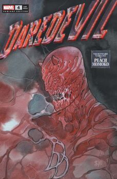  1boy absurdres artist_name character_logo character_name colored_skin comic_cover company_name copyright_logo copyright_name cover daredevil daredevil_(series) highres horns horror_(theme) logo male_focus marvel monster_boy monsterification official_art open_mouth peach_momoko portrait red_horns red_skin saliva signature slime_(substance) solo teeth 