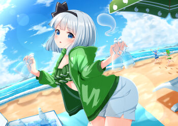 3girls absurdres alternate_costume arms_up barefoot beach bikini bikini_top_only black_hairband blue_bow blue_eyes blue_hair blue_sky blush bottle bow breasts cirno cleavage cloud commentary_request daiyousei day detached_wings fairy_wings footprints frilled_bikini frills green_bikini green_hair green_hoodie grey_hair hair_bow hairband highres hitodama_print holding holding_bottle hood hoodie ice ice_wings konpaku_youmu lens_flare long_sleeves looking_at_viewer medium_hair multiple_girls ocean open_clothes open_hoodie open_mouth print_hoodie rense_1010_(number_nanashi) sand shorts sky small_breasts solo_focus swimsuit toes touhou white_shorts wings youmu_day 