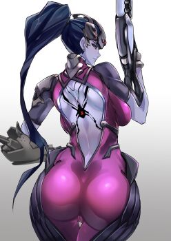  1girl ass bad_id bad_twitter_id bare_back blue_hair breasts cameltoe colored_skin female_focus from_behind gradient_background grey_background gun head-mounted_display high_ponytail highres huge_ass long_hair looking_at_viewer looking_back medium_breasts narrow_waist nuezou overwatch overwatch_1 ponytail purple_skin rifle skin_tight solo thigh_gap thighs very_long_hair weapon wide_hips widowmaker_(overwatch)  rating:Sensitive score:238 user:danbooru