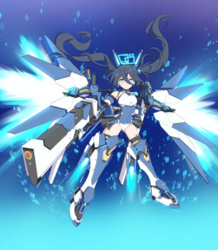  1girl absurdres aqua_halo aris_(armed)_(blue_archive) aris_(blue_archive) bare_shoulders black_hair blue_archive blue_eyes blue_necktie breasts closed_mouth commentary_request double-parted_bangs full_body guminemi gun hair_between_eyes halo headgear highres holding holding_gun holding_weapon leotard long_hair long_hair_between_eyes looking_at_viewer mecha_musume mechanical_arms mechanical_legs mechanical_wings necktie official_alternate_costume official_alternate_hairstyle railgun rectangular_halo ringed_eyes short_necktie showgirl_skirt small_breasts solo thighhighs twintails v-shaped_eyebrows very_long_hair weapon white_leotard wings 