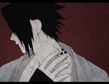  1boy adam's_apple black_border black_hair border closed_mouth commentary_request curse_seal facing_to_the_side fingernails japanese_clothes letterboxed male_focus naruto_(series) naruto_shippuuden short_hair solo soraneko0330 uchiha_sasuke 