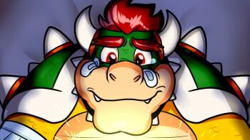  1boy bandages blonde_hair bowser male_focus mario_&amp;_luigi:_bowser's_inside_story mario_&amp;_luigi_rpg mario_(series) natsukothemun nintendo red_eyes red_hair solo spiked_hair spiked_shell spikes tearing_up tears turtle_boy turtle_shell 