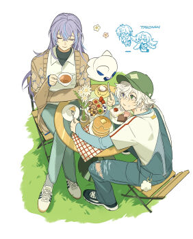  2boys :t absurdres alternate_costume baseball_cap black_shoes blue_hair breast_pocket brown_car butter car carrying carrying_person chibi chibi_inset collared_shirt commentary cookie cup denim food food_on_face fork from_above fruit full_body ghost grass green_eyes green_hat green_shirt hat heterochromia highres holding holding_cup holding_fork holding_knife hoshirube_sho jeans knife lawn_chair long_hair looking_up male_focus moku_(kedr2558) motor_vehicle multicolored_hair multiple_boys murakumo_kagetsu nijisanji otomo_(hoshirube_sho) overalls pancake pancake_stack pants pocket purple_eyes purple_hair saucer shirt shoes simple_background sitting smile sneakers strawberry streaked_hair table teacup tentacle_hair torn_clothes undershirt virtual_youtuber white_background white_shirt white_shoes 