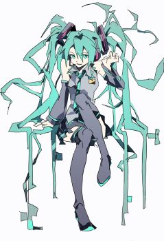  aqua_eyes aqua_hair arm_support arm_up bailanlam bare_shoulders boots detached_sleeves grey_boots grey_shirt grey_skirt hatsune_miku headset high_heel_boots high_heels highres invisible_chair long_hair looking_at_viewer messy_hair parted_lips pleated_skirt shirt sitting skirt sleeveless sleeveless_shirt very_long_hair vocaloid 