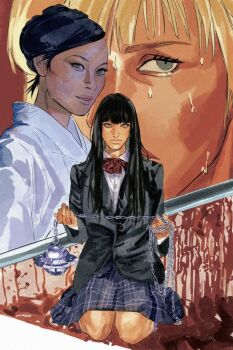  3girls beatrix_kiddo black_eyeliner black_hair black_jacket blonde_hair blood blue_eyes blunt_bangs bow bowtie commentary eyeliner hair_bun holding holding_weapon ishii_o-ren jacket japanese_clothes kaichi1129 kill_bill kimono looking_at_viewer makeup mascara multiple_girls red_bow red_bowtie seiza shirt sitting skirt sweatdrop untranslatable_commentary weapon white_kimono white_shirt yuubari_gogo 