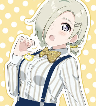  1girl bow bowtie brown_shirt commentary_request grey_hair hair_ornament highres ishimochi_(daleka333) long_sleeves looking_at_viewer love_live! love_live!_nijigasaki_high_school_idol_club low_twintails mia_taylor open_mouth outline pinstripe_pattern pinstripe_shirt polka_dot polka_dot_background shirt short_hair short_twintails solo suspenders traditional_bowtie twintails upper_body white_outline x_hair_ornament yellow_background yellow_bow yellow_bowtie 