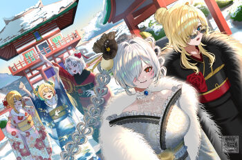  5girls :3 :d absurdres alternate_costume arm_up arms_up bandaid bandaid_on_cheek bandaid_on_face bare_shoulders black_kimono black_sash blonde_hair blue_eyes blue_kimono blush breasts cinderella_(nikke) closed_eyes closed_mouth coat commentary_request cowboy_shot crown drake_(nikke) dutch_angle eyeliner fang floral_print floral_print_kimono flower frilled_kimono frills fur-trimmed_coat fur-trimmed_kimono fur_trim furisode glasses goddess_of_victory:_nikke grave_(nikke) hair_between_eyes hair_bun hair_flower hair_ornament hair_over_one_eye hand_on_own_hip hand_up highres japanese_clothes kanzashi kimono laplace_(nikke) large_breasts long_hair long_sleeves looking_at_viewer makeup matis_(nikke) maxwell_(nikke) morning multiple_girls obi open_clothes open_coat open_mouth outdoors pink_kimono print_kimono red_eyeliner red_eyes red_kimono sash short_hair short_hair_with_long_locks shrine sidelocks smile smith_sue snow standing sunglasses sweatdrop twintails very_long_hair white_coat white_hair white_kimono wide_sleeves yellow_sash 