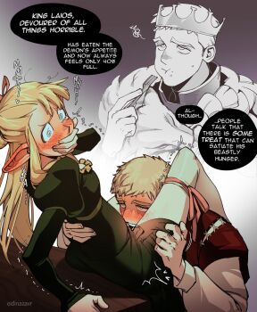  1boy 1girl @_@ artist_name blonde_hair blush cloak commentary covering_own_mouth crown cunnilingus dress dungeon_meshi eating eidinazavr elf english_commentary english_text food food_on_face fork fur-trimmed_cloak fur_trim furrowed_brow gorget gradient_background green_dress hetero holding holding_fork juliet_sleeves laios_touden long_hair long_sleeves marcille_donato moaning oral pointy_ears puffy_cheeks puffy_sleeves short_hair sidelocks signature simple_background speech_bubble spoilers sweatdrop tearing_up translated yellow_eyes  rating:Explicit score:100 user:Xalrun