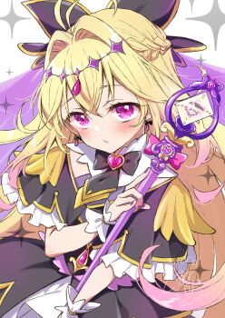  1girl antenna_hair black_bow black_capelet black_dress blonde_hair blush bow braid brooch capelet crossed_bangs cure_arcana_shadow diamond_hairband dot_nose dress earrings fingernails gradient_hair hair_bow hair_intakes heart heart_brooch highres holding holding_staff jewelry kuune_rin layered_dress long_hair looking_at_viewer magical_girl meitantei_precure! moria_luluka multicolored_hair parted_lips pink_hair precure purple_eyes purple_nails purple_veil simple_background solo staff tear_arcana_rod upper_body veil white_background white_wrist_cuffs wrist_cuffs 