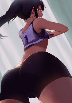  1girl absurdres armpit_peek ass ass_focus bike_shorts blush character_request commentary_request harukana_receive highres kootee-on linea_alba looking_at_viewer mole mole_on_back ponytail purple_hair red_eyes sidelocks solo sports_bra thighs translation_request undressing 