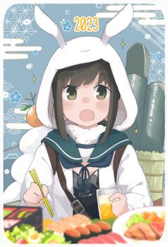  1girl 2023 :d absurdres animal_hood bento black_hair blush chinese_zodiac chopsticks commentary_request cup fish_(food) food fruit fubuki_(kancolle) glass green_eyes gunkanmaki highres holding holding_chopsticks hood juice kantai_collection low_ponytail ma_rukan mandarin_orange nigirizushi open_mouth orange_juice ponytail rabbit_hood sailor_collar salad school_uniform serafuku smile solo sushi torpedo year_of_the_rabbit 