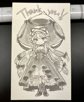  1girl boots breasts cleavage closed_mouth commentary_request deformed dress folding_fan full_body hand_fan hat hat_ribbon holding holding_fan holding_umbrella lace-up_boots large_breasts long_hair looking_at_viewer mob_cap parasol photo_(medium) ribbon s.mamiya smile solo thank_you touhou traditional_media umbrella very_long_hair yakumo_yukari 