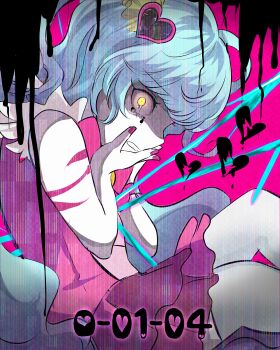  absurdres blue_hair broken_heart dress glowing glowing_eyes hair_ornament heart highres lobotomy_corporation magical_girl nail_polish pink_dress project_moon queen_of_hatred tears yellow_eyes  rating:Questionable score:2 user:th8827