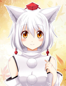  1girl albino animal_ears female_focus hat highres inubashiri_momiji looking_at_viewer pom_pom_(clothes) reimei shirt short_hair solo tagme tokin_hat touhou white_hair wolf_ears  rating:Sensitive score:7 user:Notis