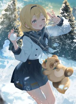  1girl ;d aqua_eyes black_hairband blonde_hair blue_neckerchief blue_sailor_collar blue_scarf blue_skirt blurry blurry_foreground buttons commentary_request day double-breasted hairband hands_up high-waist_skirt highres holding holding_snowball hololive kazama_iroha kazama_iroha_(school_uniform) long_hair long_sleeves neckerchief official_alternate_costume one_eye_closed open_mouth outdoors pleated_skirt pokobee ryuya sailor_collar scarf school_uniform serafuku shirt skirt smile snow snowball solo virtual_youtuber white_shirt 