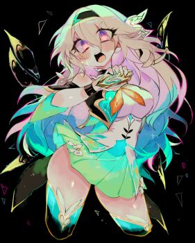 1girl black_background black_jacket black_thighhighs blush breasts commentary_request cowboy_shot firefly_(honkai:_star_rail) grey_hair hair_between_eyes henshin_pose highres holding honkai:_star_rail honkai_(series) jacket large_breasts long_hair open_mouth purple_eyes shirt teeth thighhighs thighs tongue upper_teeth_only usa37107692 white_shirt rating:Sensitive score:16 user:danbooru