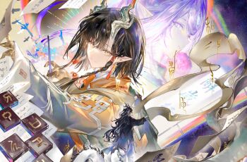  1boy 2girls absurdres arknights black_coat black_hair book braid braided_sidelock chiaspicy chinese_commentary coat colored_extremities commentary_request dragon_boy dragon_girl dragon_horns dragon_tail earrings from_side frown gold_hands grey_hair hand_up highres holding holding_pencil horns jacket jewelry jie_(arknights) jun_(arknights) long_hair looking_at_viewer multicolored_hair multiple_girls open_book orange_jacket paper pencil pointy_ears purple_hair shirt short_hair siblings single_sidelock smile streaked_hair tail tassel tassel_earrings wang_(arknights) white_shirt 