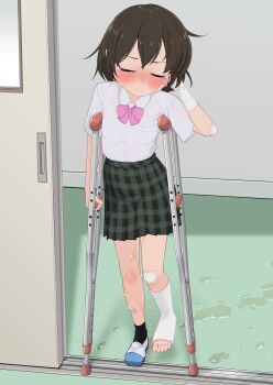  1girl absurdres asymmetrical_legwear bandaid bandaid_on_arm bandaid_on_face bandaid_on_knee bandaid_on_leg bare_legs blush bow bowtie brown_hair cast closed_eyes collarbone crutch crying crying_with_eyes_closed doorway embarrassed female_focus full_body green_skirt hand_on_own_cheek hand_on_own_face highres hoono_yurumu indoors original pee pee_trail peeing pink_bow plaid_clothes plaid_skirt pleated_skirt puddle school school_uniform shirt shirt_tucked_in shoes short_hair short_sleeves skirt sliding_doors solo standing tears toes uwabaki water_drop white_shirt white_shoes  rating:Sensitive score:51 user:MonsieurCinq