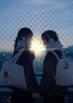  2girls absurdres bag bag_charm black_hair black_jacket chain-link_fence charm_(object) commentary earmuffs fence highres holding_hands jacket long_hair multiple_girls original outdoors ponytail ryane_(yry_0) scarf short_hair shoulder_bag sidelocks sunrise watermark white_bag white_scarf yuri 