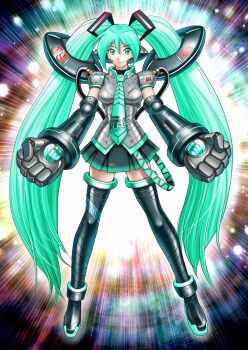  1girl aqua_eyes aqua_hair aqua_necktie armor black_thighhighs boots breastplate clenched_hands commentary halo hatsune_miku highres lens_flare long_hair looking_at_viewer mechanical_arms necktie power_suit redesign see-through_clothes shoulder_armor skirt smile solo thigh_boots thighhighs tube vocaloid yamaha yusao 