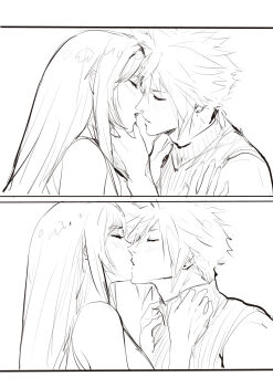  1boy 1girl absurdres bare_shoulders blush closed_eyes cloud_strife couple earrings facing_another final_fantasy final_fantasy_vii final_fantasy_vii_rebirth final_fantasy_vii_remake from_side hand_on_another's_cheek hand_on_another's_face hetero highres jewelry kiss long_hair monochrome open_mouth profile ribbed_sweater sequential short_hair sleeveless sleeveless_turtleneck spiked_hair spykeee stud_earrings sweater tank_top tifa_lockhart turtleneck turtleneck_sweater twitter_username upper_body 