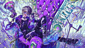  1boy :d absurdres ahoge armchair belt belt_boots belt_buckle belt_collar black_belt black_boots black_gloves black_pants black_shirt boots bracelet buckle cable ch4nge_(cevio) chain chain_leash chair collar commentary_request crew_neck cropped_jacket crossed_legs electricity eyewear_strap fangs full_body gloves green_eyes hair_between_eyes half_gloves hands_up highres holding holding_megaphone illma_(sixfonia) jacket jewelry layered_sleeves leash long_sleeves looking_at_viewer male_focus megaphone microphone_stand multicolored_jacket nail_polish official_art open_clothes open_jacket open_mouth pants partially_fingerless_gloves piercing pile_of_skulls platform_boots purple-tinted_eyewear purple_collar purple_hair purple_jacket purple_nails see-through_clothes see-through_jacket shirt short-sleeved_jacket short_hair short_over_long_sleeves short_sleeves single_off_shoulder sitting_sideways sixfonia skull smile solo speaker sticker sunglasses thigh_belt thigh_strap tinted_eyewear tongue tongue_out tongue_piercing two-tone_jacket utaite yudeazu_king 