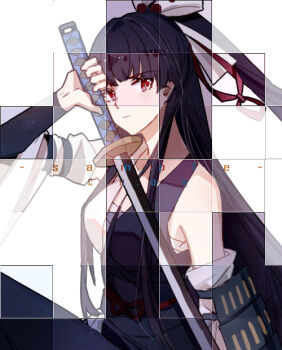  1girl artist_name benghuai_xueyuan bow chon_(klliaytong) closed_mouth commentary_request hair_bow hokushin_mei holding holding_sword holding_weapon honkai_(series) image_sample japanese_clothes katana long_hair looking_at_viewer purple_hair red_eyes sample_watermark solo sword very_long_hair watermark weapon white_background white_bow 