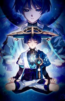  1boy anemo_symbol_(genshin_impact) armor belt black_belt black_bodysuit black_bow black_bridal_gauntlets black_sandals black_shorts blue_cape blue_gem blue_hair blue_kimono blue_sleeves blunt_ends bodysuit bow bridal_gauntlets cape choppy_bangs closed_eyes closed_mouth commentary core eyelashes eyeliner facing_down facing_viewer feathers fingernails floating gem genshin_impact glowing_object hakama hakama_shorts half-closed_eyes highres japanese_armor japanese_clothes juban kimono kote kurokote layered_sleeves leg_warmers levitation looking_down lotus_position makeup male_focus mandarin_collar meditation multiple_views open_clothes open_hands open_kimono parted_lips pink_nails pleated_shorts pom_pom_(clothes) purple_eyes purple_rope purple_sash red_eyeliner rope sandals sash scaramouche_(genshin_impact) short_sleeves shorts shoulder_peek solo tassel toeless_legwear toenails untranslatable_commentary vision_(genshin_impact) w02_14 wanderer_(genshin_impact) white_kimono white_leg_warmers white_mouth white_sleeves white_trim yellow_feathers zouri 