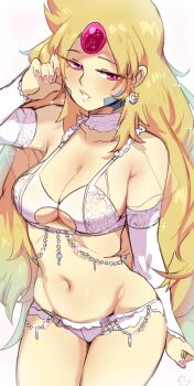  0lightsource 1girl blonde_hair bra breasts bright_pupils cesselia_(lightsource) cleavage clothing_cutout commentary cowboy_shot crescent crescent_earrings cresselia detached_sleeves earrings english_commentary fingernails forehead_jewel gem gen_4_pokemon half-closed_eyes hand_in_own_hair hand_up highres jewelry large_breasts legendary_pokemon lingerie long_hair nail_polish navel nintendo original panties parted_lips personification pink_gem pink_nails pokemon purple_eyes solo sparkle underboob underboob_cutout underwear underwear_only very_long_hair white_bra white_panties white_pupils white_sleeves 
