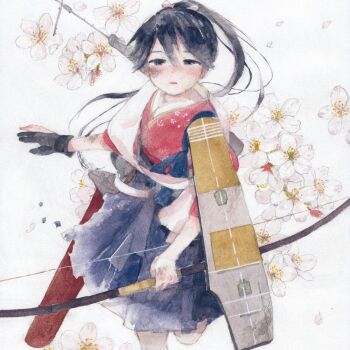  1girl black_eyes black_hair black_hakama bow_(weapon) commentary_request flower flying gloves hakama hakama_skirt high_ponytail holding holding_bow_(weapon) holding_weapon houshou_(kancolle) houshou_kai_ni_(kancolle) japanese_clothes kantai_collection natsumi_coma partially_fingerless_gloves partly_fingerless_gloves ponytail sash shoulder_sash single_glove skirt solo standing standing_on_one_leg weapon white_sash yugake 